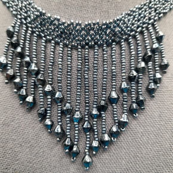 Vintage Hand Woven Seed Bead Fringe Necklace, Metallic Black, 15 1/2" - Picture 3 of 8